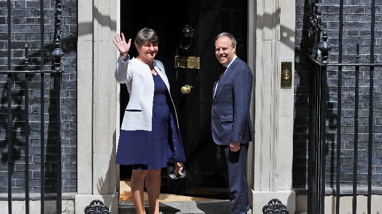 Leader of Northern Ireland's Democratic Unionist Party (DUP) Arlene Foster and Deputy Leader Nigel Dodds arrive at 10 Downing Street in London, for a meeting with Britain's Prime Minister Theresa May, Tuesday June 13, 2017.